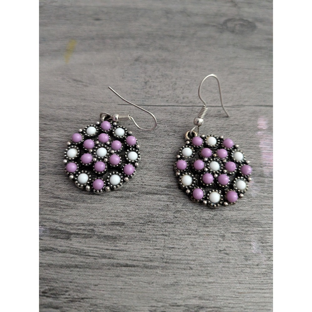 Boho Purple White Beaded Medallion Drop Earrings Silver Tone Fishhook Dangle